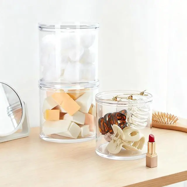 Alt view image 6 of 7 - 2Pack Stackable Clear Plastic Container - Round Vanity Storage Organizers with Lids for Hair Accessories & Beauty Supplies & Bathroom Container Set