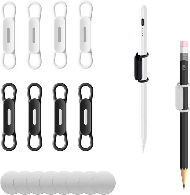 Main image of XYOFUN Magnetic Pen Holders Set of 8, Adjustable Pencil Clip, White & Black | Silicone Flexible Pencil Holder, For Refrigerator, Whiteboards, Desk Accessories & Teacher Supplies
