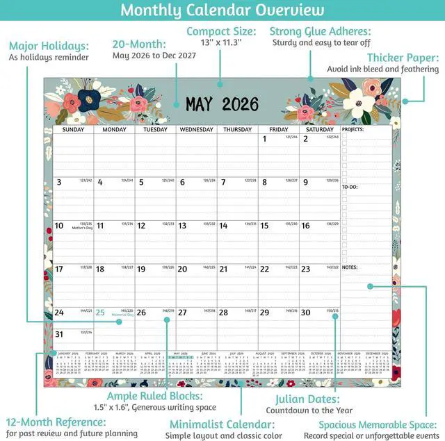 Alt view image 3 of 7 - 2026-2027 Magnetic Calendar for Refrigerator - May 2026 - Dec 2027, 20 Monthly Fridge Calendar 2026-2027, 13'' x 11.3'', with Ruled Blocks, To-Do Lists Notes, Strong Magnets, Great for Your Planning