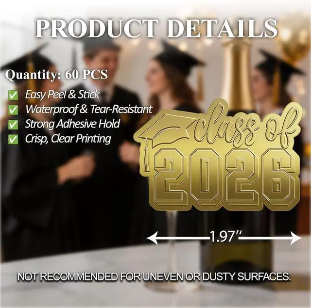 Alt view image 2 of 6 - Graduation Stickers 2026, Class of 2026 Envelope Stickers for Graduation Announcements, Party Favors, Gift Wrapping & Decorations, Embossed Gold Waterproof Vinyl Seals, 60 PCS 2 Inch