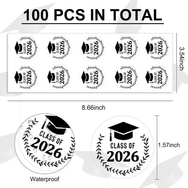 Alt view image 3 of 6 - BEISHIDA 100PCS Class of 2026 Graduation Stickers for Envelopes, Clear Envelope Seals, Graduation Cap Stickers, Diploma Certificate Self Adhesive Seal-1.6 inchBlack