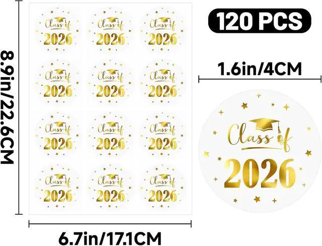Alt view image 2 of 7 - Graduation Stickers Class of 2026 Stickers 120PCS Gold Foil Sticker | 1.6 Inch Transparent Graduation Party Favors Sticker for Envelope Seals Card