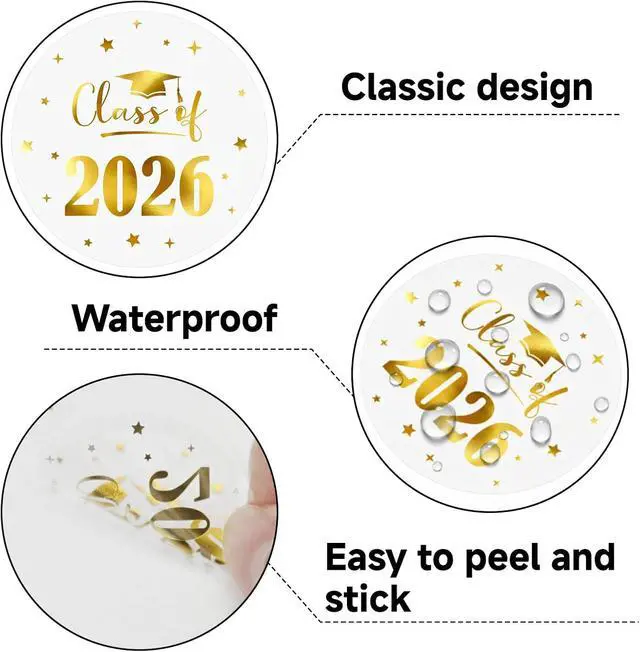 Alt view image 3 of 7 - Graduation Stickers Class of 2026 Stickers 120PCS Gold Foil Sticker | 1.6 Inch Transparent Graduation Party Favors Sticker for Envelope Seals Card