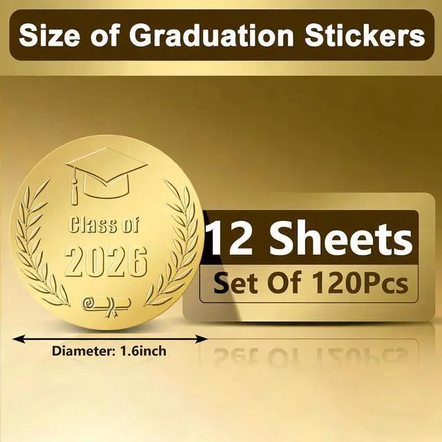 Alt view image 2 of 7 - Class of 2026 Graduation Stickers, 120PCS 1.6in Gold Embossed Graduation Envelope Sticker Seals, Envelope Stickers for Grad Party Decorations, Invitations & Certificates
