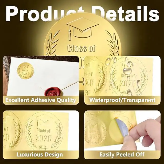 Alt view image 3 of 7 - Class of 2026 Graduation Stickers, 120PCS 1.6in Gold Embossed Graduation Envelope Sticker Seals, Envelope Stickers for Grad Party Decorations, Invitations & Certificates