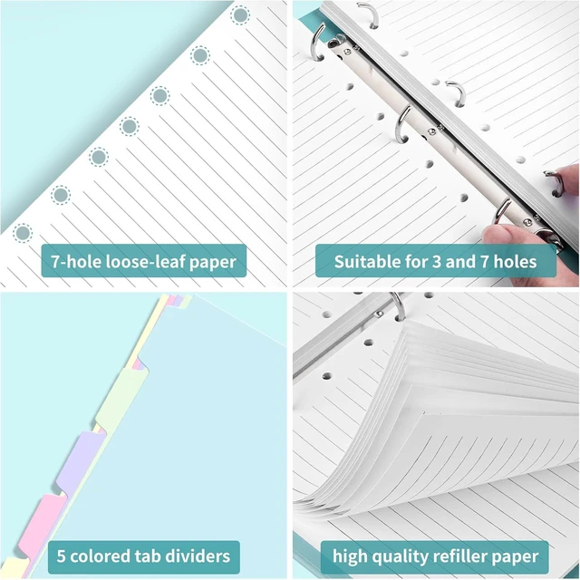 Alt view image 3 of 6 - 7-Hole Refill Paper, A5 Paper with Binder Dividers, 120 Sheets, 5.6" x 8.3" | 7 Hole Paper Fit Mini Binder and College Ruled, Planner Inserts for A5 Notebook Journal, 100GSM Line Paper