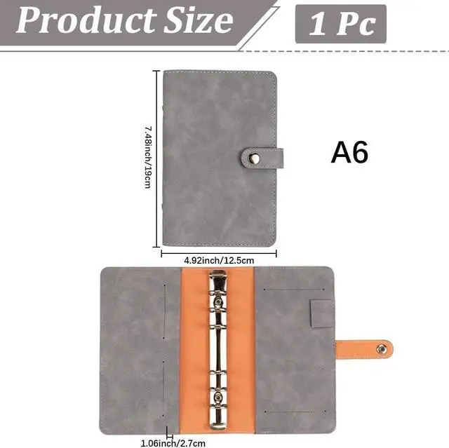 Alt view image 2 of 7 - A6 PU Leather Binder Cover with Divider Pocket Refillable Soft Cover Leather Travel Journal Notebook Protector Folder 6 Ring Loose Leaf Planner Binder for Meeting Filler Paper Cash(Gray)