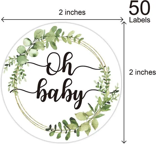 Alt view image 3 of 6 - 50 Greenery Wreath Oh Baby Gender Neutral Stickers - Baby Shower Favors - Thank You Labels 2 Inch