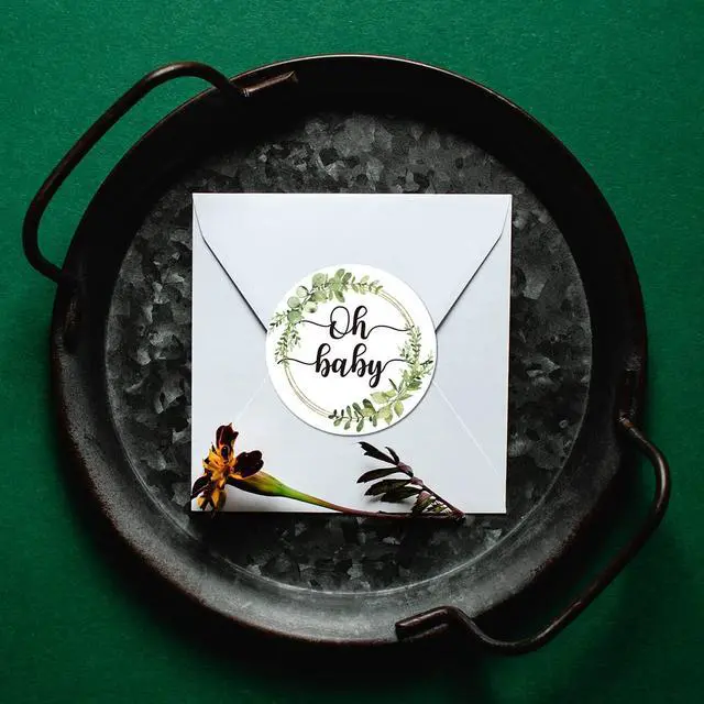 Alt view image 6 of 6 - 50 Greenery Wreath Oh Baby Gender Neutral Stickers - Baby Shower Favors - Thank You Labels 2 Inch