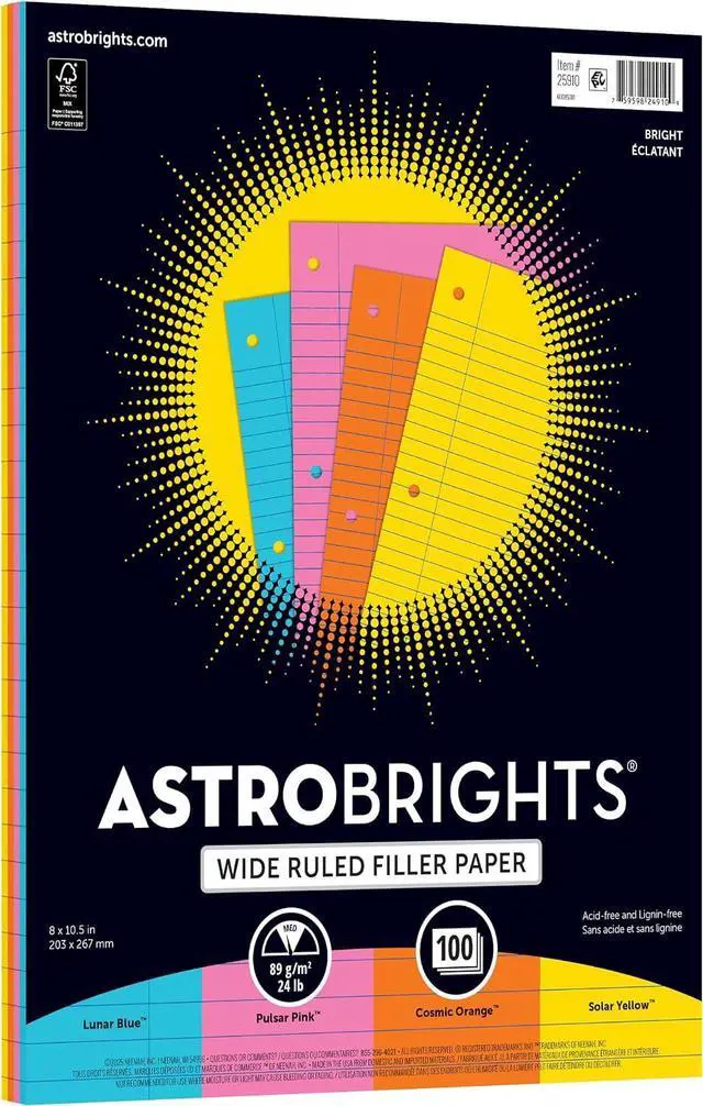Main image of Astrobrights® Filler Paper, 8" x 10 1/2", Wide Ruled, 20 Lb, FSC® Certified, Assorted Colors, Pack Of 100 Sheets