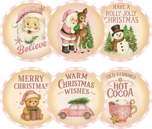 Main image of G2PLUS 120Pcs Merry Christmas Stickers - 2'' Round Self-Adhesive Waterproof Holiday Stickers, 6 Designs Pink Buffalo Plaid Xmas Labels for Envelope Seals, Gift Wrapping, Candy Bags, Cards