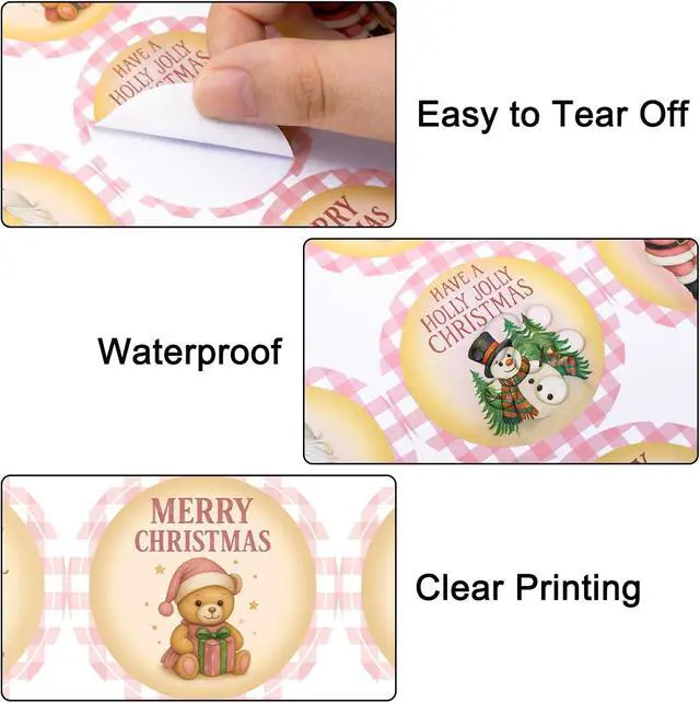 Alt view image 3 of 7 - G2PLUS 120Pcs Merry Christmas Stickers - 2'' Round Self-Adhesive Waterproof Holiday Stickers, 6 Designs Pink Buffalo Plaid Xmas Labels for Envelope Seals, Gift Wrapping, Candy Bags, Cards