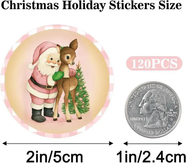 Alt view image 2 of 7 - G2PLUS 120Pcs Merry Christmas Stickers - 2'' Round Self-Adhesive Waterproof Holiday Stickers, 6 Designs Pink Buffalo Plaid Xmas Labels for Envelope Seals, Gift Wrapping, Candy Bags, Cards