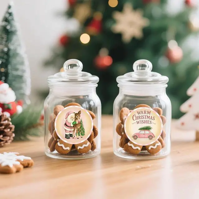 Alt view image 7 of 7 - G2PLUS 120Pcs Merry Christmas Stickers - 2'' Round Self-Adhesive Waterproof Holiday Stickers, 6 Designs Pink Buffalo Plaid Xmas Labels for Envelope Seals, Gift Wrapping, Candy Bags, Cards