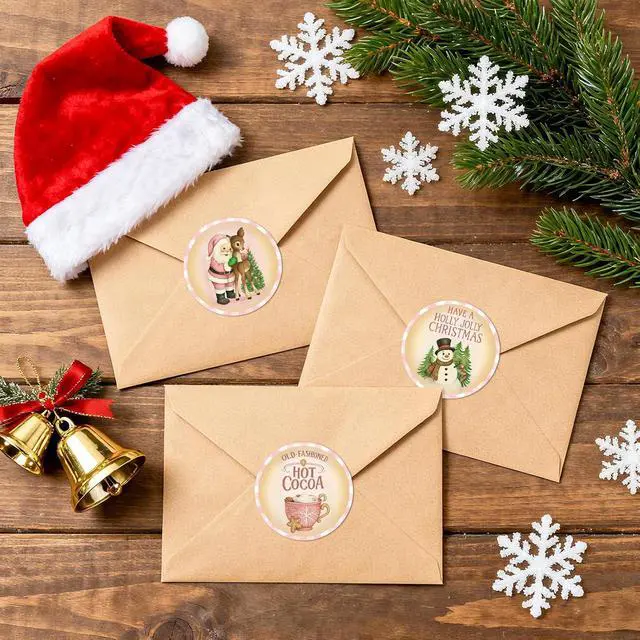 Alt view image 6 of 7 - G2PLUS 120Pcs Merry Christmas Stickers - 2'' Round Self-Adhesive Waterproof Holiday Stickers, 6 Designs Pink Buffalo Plaid Xmas Labels for Envelope Seals, Gift Wrapping, Candy Bags, Cards