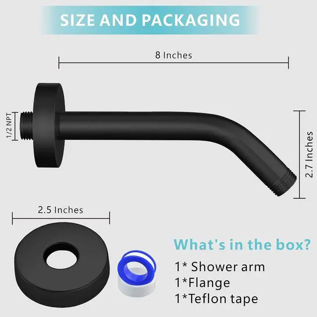 Alt view image 2 of 7 - Shower Arm with Flange, 8 Inches Wall Mount Replacement Shower Head Arm For Fixed Shower Head and Handheld Showerhead, Matte Black