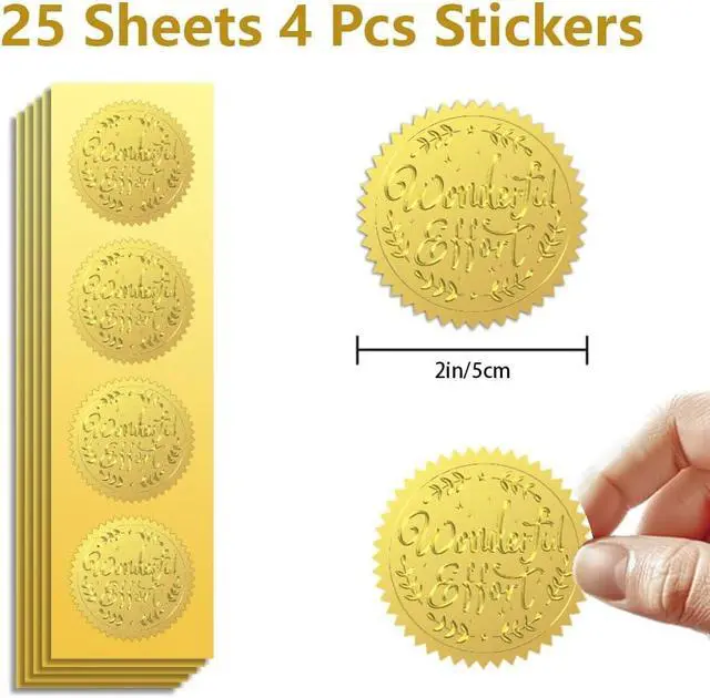 Alt view image 2 of 7 - Peacoblue Wonderful Effort Gold Seal Stickers, Embossed Foil Envelope Seals | 100PCS 2 Inch Self Adhesive Gold Stickers, Raised Embossed Design for Invitations, Envelopes, Tickets & Certificates