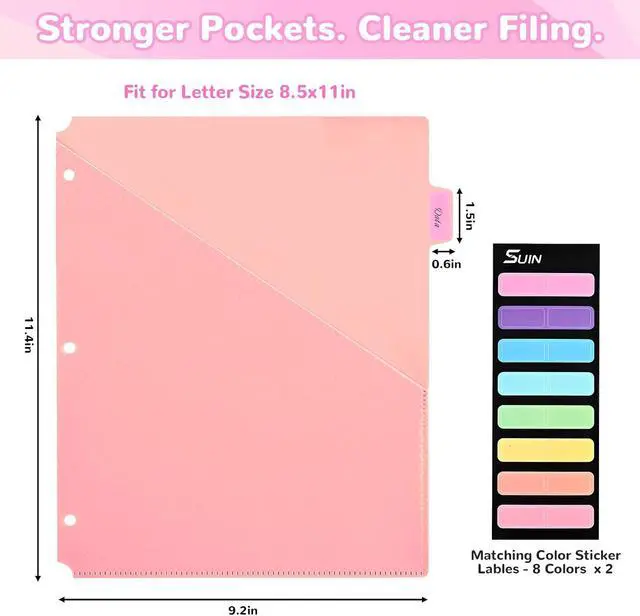 Alt view image 2 of 7 - SUIN 8 Tab Binder Dividers with Pockets - Heavy Duty Plastic Dividers for 3 Ring Binder, Letter Size Poly Page Separators with Tabs & Label Stickers, Diamond Texture, 8 Pastel Colors, 1-Pack