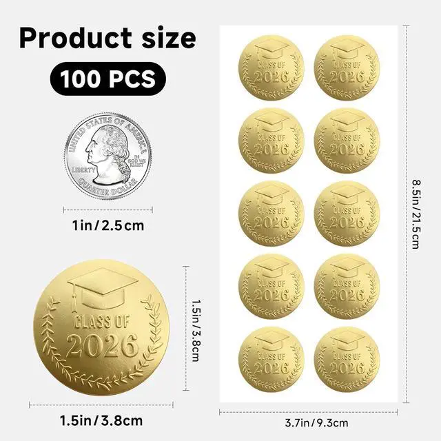 Alt view image 2 of 7 - 100 Pack Class of 2026 Graduation Stickers Gold Foil Embossed Labels for Graduates Metallic Foil Envelopes Seals for Invitations, Gift and Candy Bag & Party Favors (Class of 2026 Gold)