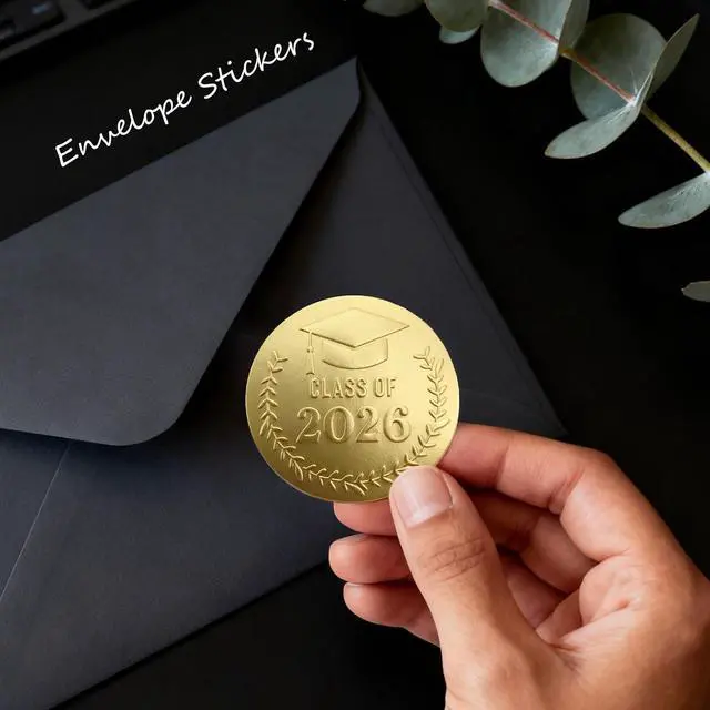 Alt view image 6 of 7 - 100 Pack Class of 2026 Graduation Stickers Gold Foil Embossed Labels for Graduates Metallic Foil Envelopes Seals for Invitations, Gift and Candy Bag & Party Favors (Class of 2026 Gold)