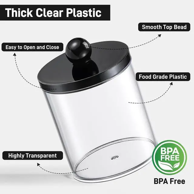 Alt view image 2 of 7 - 6 Pack Acrylic Qtip Holder Dispenser for Cotton Swabs, Balls, Pads, Floss - Plastic Canister Apothecary Jar Set, Bathroom Essentials Accessories Decor Vanity Makeup Storage Organizer - Clear & Black