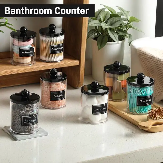 Alt view image 4 of 7 - 6 Pack Acrylic Qtip Holder Dispenser for Cotton Swabs, Balls, Pads, Floss - Plastic Canister Apothecary Jar Set, Bathroom Essentials Accessories Decor Vanity Makeup Storage Organizer - Clear & Black