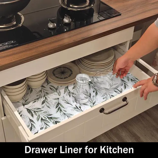 Alt view image 3 of 7 - Shelf Liners Non Adhesive and Strong Non-Slip | Shelf and Drawer Liners for Kitchen Cabinet Wire Fridge, Waterproof Shelf Drawer Liner,Easy to Clean,12IN x 10FT,Green Leaf