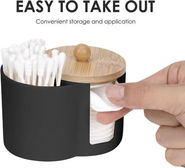 Alt view image 2 of 6 - Adorila Compact Cotton Pad & Swab Holder with Bamboo Lid, Black | Dust-Free, Space-Saving Bathroom Vanity Organizer for Floss