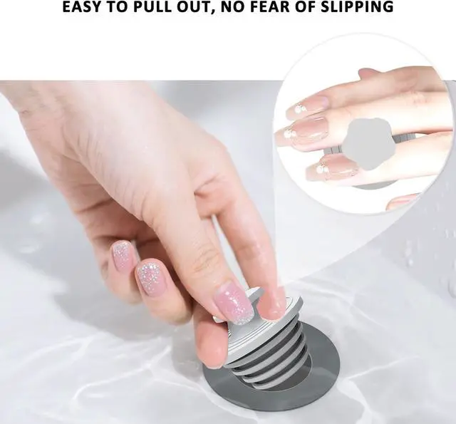 Alt view image 2 of 7 - Bathtub Drain Stopper - 2 Pack Silicone Universal Shower Drain Cover, Tub Stopper Bathtub Drain for Bathroom, Tub, and Shower Drain - Easy Install Shower Drain (Gray)