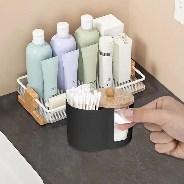 Alt view image 5 of 6 - Adorila Compact Cotton Pad & Swab Holder with Bamboo Lid, Black | Dust-Free, Space-Saving Bathroom Vanity Organizer for Floss