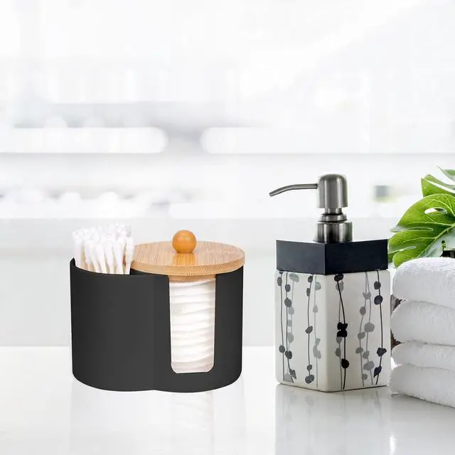 Alt view image 6 of 6 - Adorila Compact Cotton Pad & Swab Holder with Bamboo Lid, Black | Dust-Free, Space-Saving Bathroom Vanity Organizer for Floss