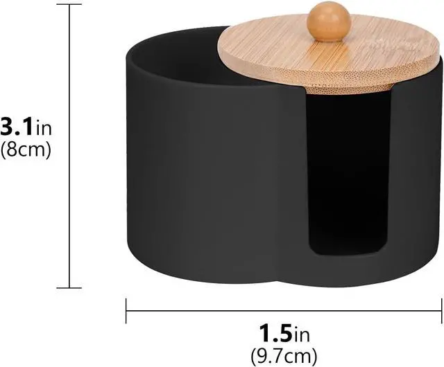 Alt view image 4 of 6 - Adorila Compact Cotton Pad & Swab Holder with Bamboo Lid, Black | Dust-Free, Space-Saving Bathroom Vanity Organizer for Floss