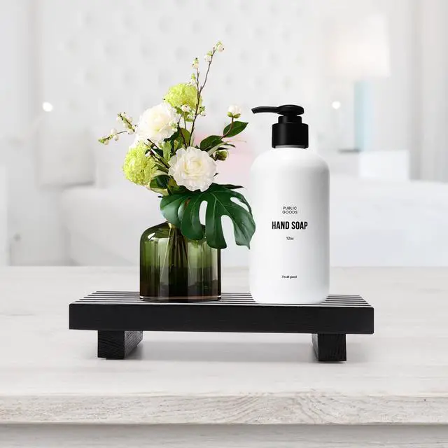 Alt view image 2 of 7 - Black Bathroom Tray for Sink Decor Kitchen Counter Wood Pedestal Soap Dish | Small Sponge Holder Soap Dispenser Wooden Risers Restroom Decor Kitchen Accessories Countertop Mens Spa Vanity Toilet Tray