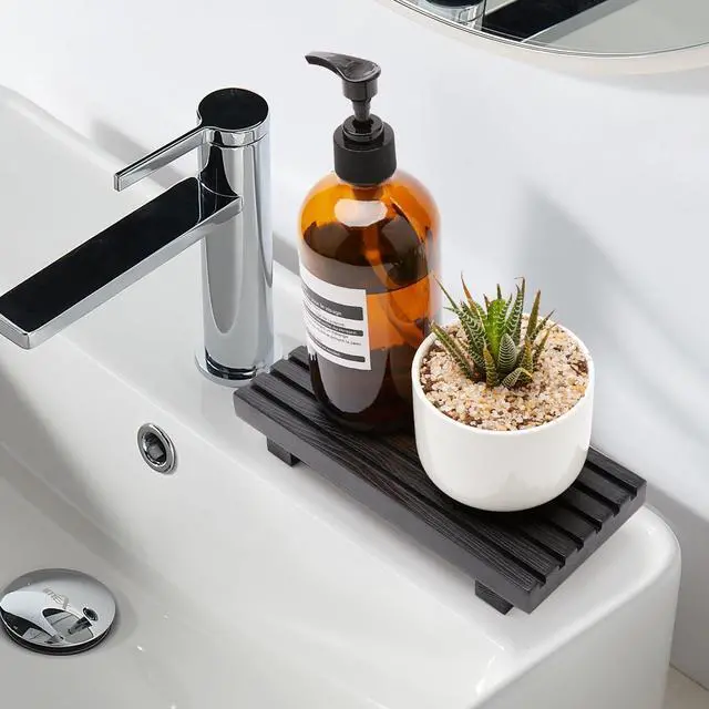 Alt view image 3 of 7 - Black Bathroom Tray for Sink Decor Kitchen Counter Wood Pedestal Soap Dish | Small Sponge Holder Soap Dispenser Wooden Risers Restroom Decor Kitchen Accessories Countertop Mens Spa Vanity Toilet Tray