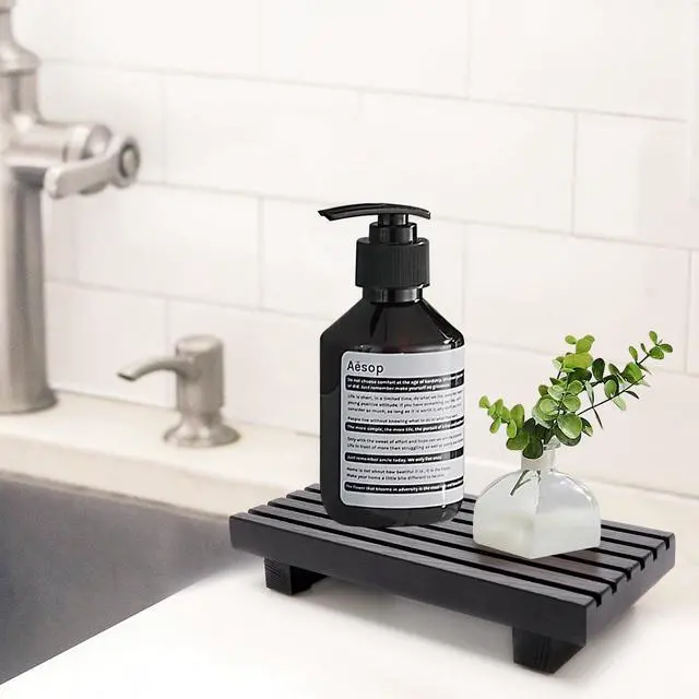 Alt view image 7 of 7 - Black Bathroom Tray for Sink Decor Kitchen Counter Wood Pedestal Soap Dish | Small Sponge Holder Soap Dispenser Wooden Risers Restroom Decor Kitchen Accessories Countertop Mens Spa Vanity Toilet Tray