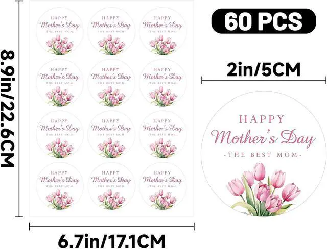 Alt view image 2 of 7 - Mothers Day Stickers 2 Inch Happy Mother's Day Label Stickers | 60PCS Mothers Day Floral Gift Tag Sticker for Envelope Seals Card Gift Wrap Mother's Day Decorations