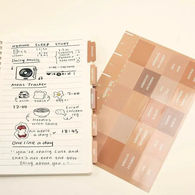 Alt view image 3 of 7 - Lumintutu Laminated Planner Monthly Stickers,40 Adhesive Plan Tabs for Notebooks (2 Sets 12 Month Tabs and 16 Blank Tabs), Calendar Monthly Divider Set (Cappuccino)