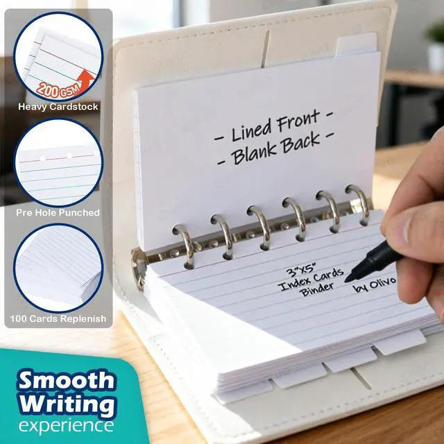 Alt view image 5 of 7 - Olivo 3x5 Lined Index Cards with Ring Binder Holder and Dividers, White | 100 Note Cards, 10 Tabs, 6 Holes Punched, Leather Booklet Organizer, 3 x 5 Inch