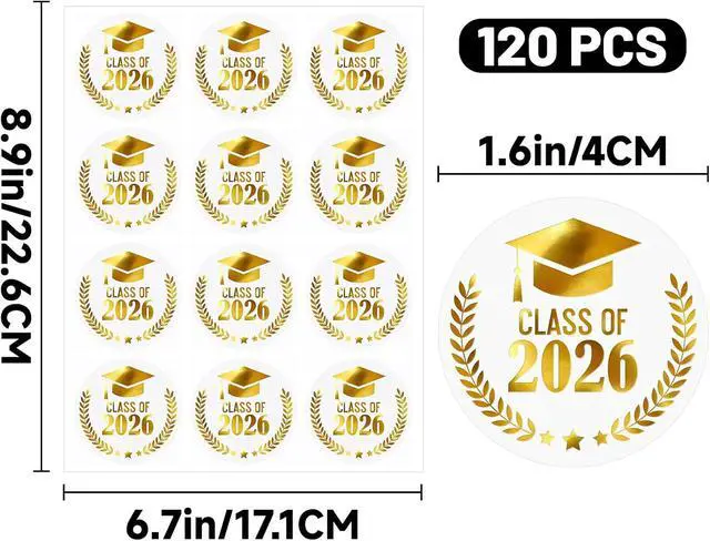 Alt view image 2 of 7 - Alynta Graduation Stickers Class of 2026 Stickers 120Pcs 1.6 Inch | Gold Foil Grad Cap Sticker Transparent Round Graduation Party Favors Sticker for Envelope Seals Cards Invitations (Gold)