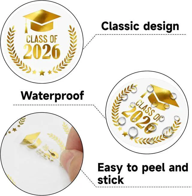 Alt view image 3 of 7 - Alynta Graduation Stickers Class of 2026 Stickers 120Pcs 1.6 Inch | Gold Foil Grad Cap Sticker Transparent Round Graduation Party Favors Sticker for Envelope Seals Cards Invitations (Gold)