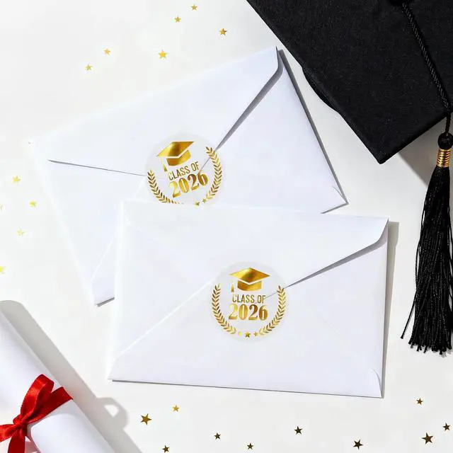 Alt view image 4 of 7 - Alynta Graduation Stickers Class of 2026 Stickers 120Pcs 1.6 Inch | Gold Foil Grad Cap Sticker Transparent Round Graduation Party Favors Sticker for Envelope Seals Cards Invitations (Gold)