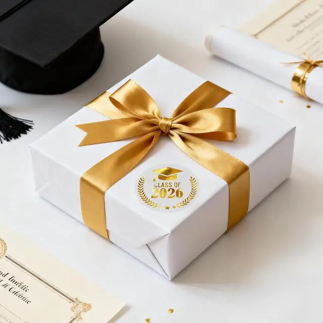 Alt view image 6 of 7 - Alynta Graduation Stickers Class of 2026 Stickers 120Pcs 1.6 Inch | Gold Foil Grad Cap Sticker Transparent Round Graduation Party Favors Sticker for Envelope Seals Cards Invitations (Gold)