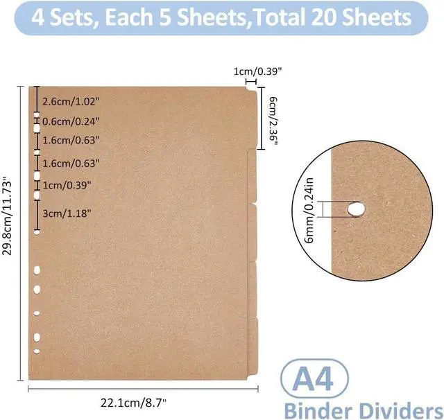 Alt view image 2 of 7 - SUPERFINDINGS 20 Sheets 5-Tab Binder Dividers A4 Kraft Punched Blank Burlywood Paper Index Dividers 11-Hole Index Page Tab Ring Index Page Tab Card for Planner Notebook