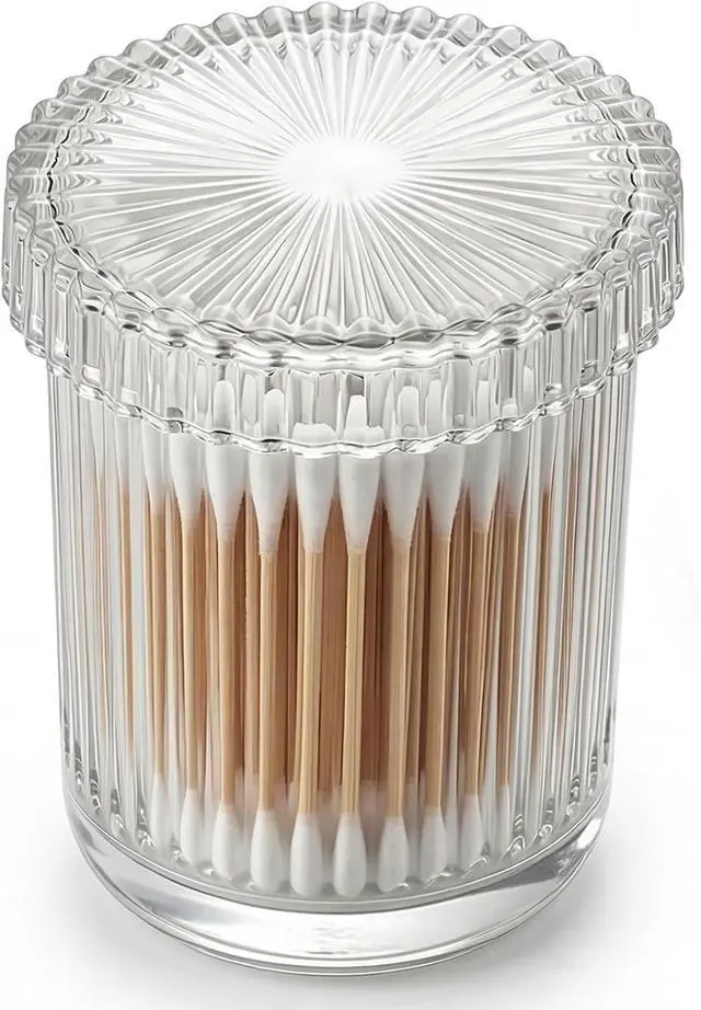 Main image of rejomiik Thick Glass Qtip Holder Apothecary Jars with Lids, Clear | Bathroom Canisters Vanity Makeup Storage Organizer for Cotton Swabs, Cotton Balls, Pads, Floss Picks, Bathroom Accessories