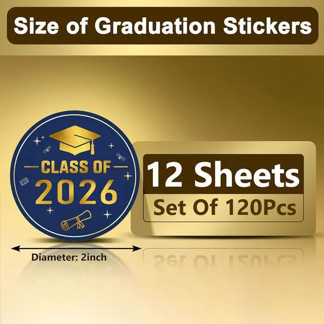 Alt view image 2 of 7 - 2026 Graduation Stickers, 120 Pcs Large 2 Inch Gold Foil Envelope Sticker Seals, Class of 2026 Decorations for Graduation Invitations and Party Favors (Blue)