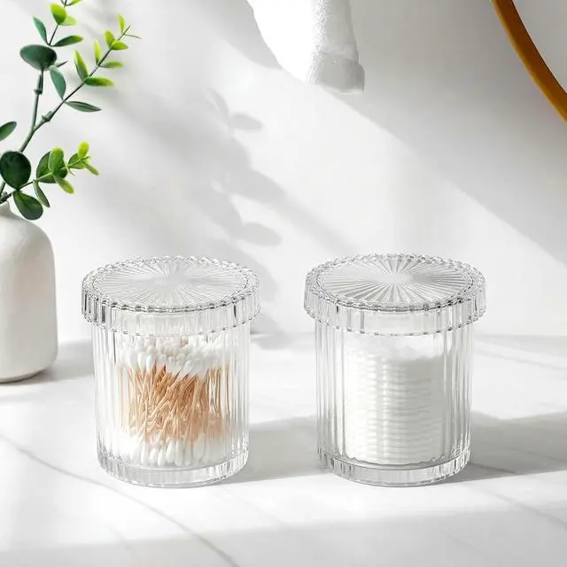 Alt view image 2 of 7 - rejomiik Thick Glass Qtip Holder Apothecary Jars with Lids, Clear | Bathroom Canisters Vanity Makeup Storage Organizer for Cotton Swabs, Cotton Balls, Pads, Floss Picks, Bathroom Accessories