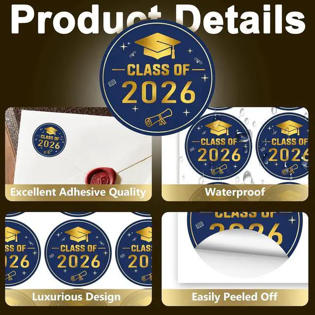 Alt view image 3 of 7 - 2026 Graduation Stickers, 120 Pcs Large 2 Inch Gold Foil Envelope Sticker Seals, Class of 2026 Decorations for Graduation Invitations and Party Favors (Blue)