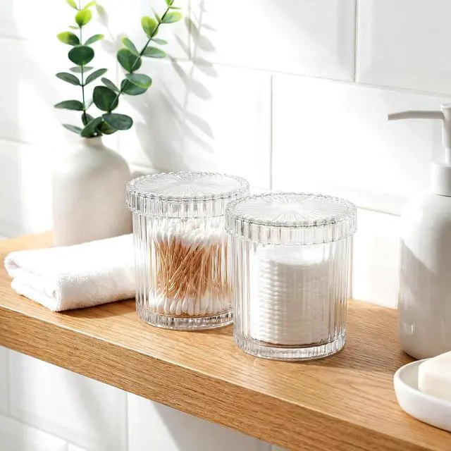 Alt view image 4 of 7 - rejomiik Thick Glass Qtip Holder Apothecary Jars with Lids, Clear | Bathroom Canisters Vanity Makeup Storage Organizer for Cotton Swabs, Cotton Balls, Pads, Floss Picks, Bathroom Accessories