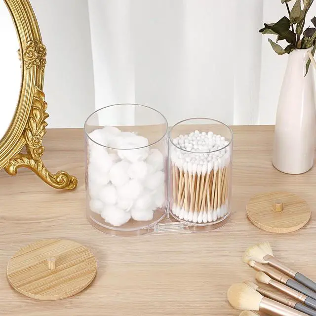 Alt view image 2 of 7 - Hipiwe Acrylic Cotton Swab Holder Clear Qtip Dispenser with lid 2 Compartment Bathroom Accessories Storage Canister for Cotton Ball Vanity Makeup Organizer