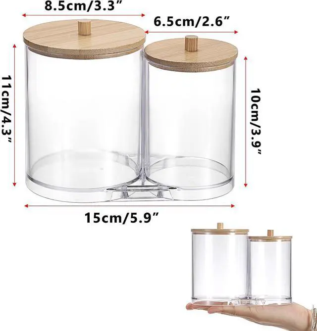 Alt view image 3 of 7 - Hipiwe Acrylic Cotton Swab Holder Clear Qtip Dispenser with lid 2 Compartment Bathroom Accessories Storage Canister for Cotton Ball Vanity Makeup Organizer